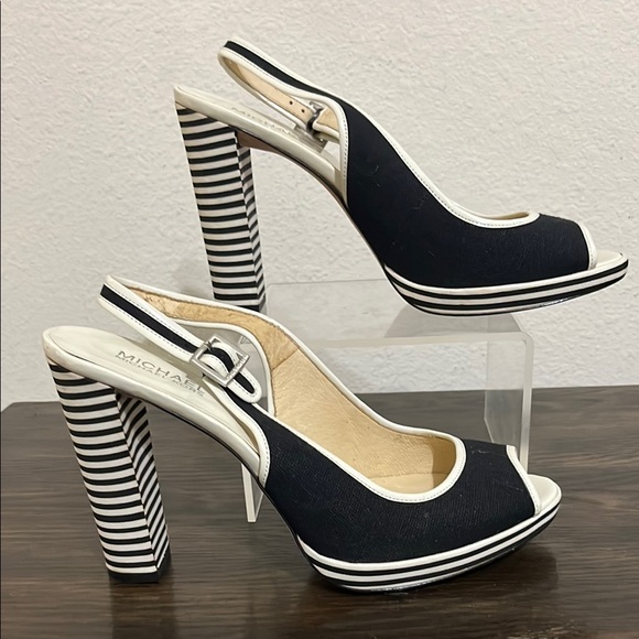 Michael Kors Black and White Heels with Peep-Toe Design - Picture 1 of 9